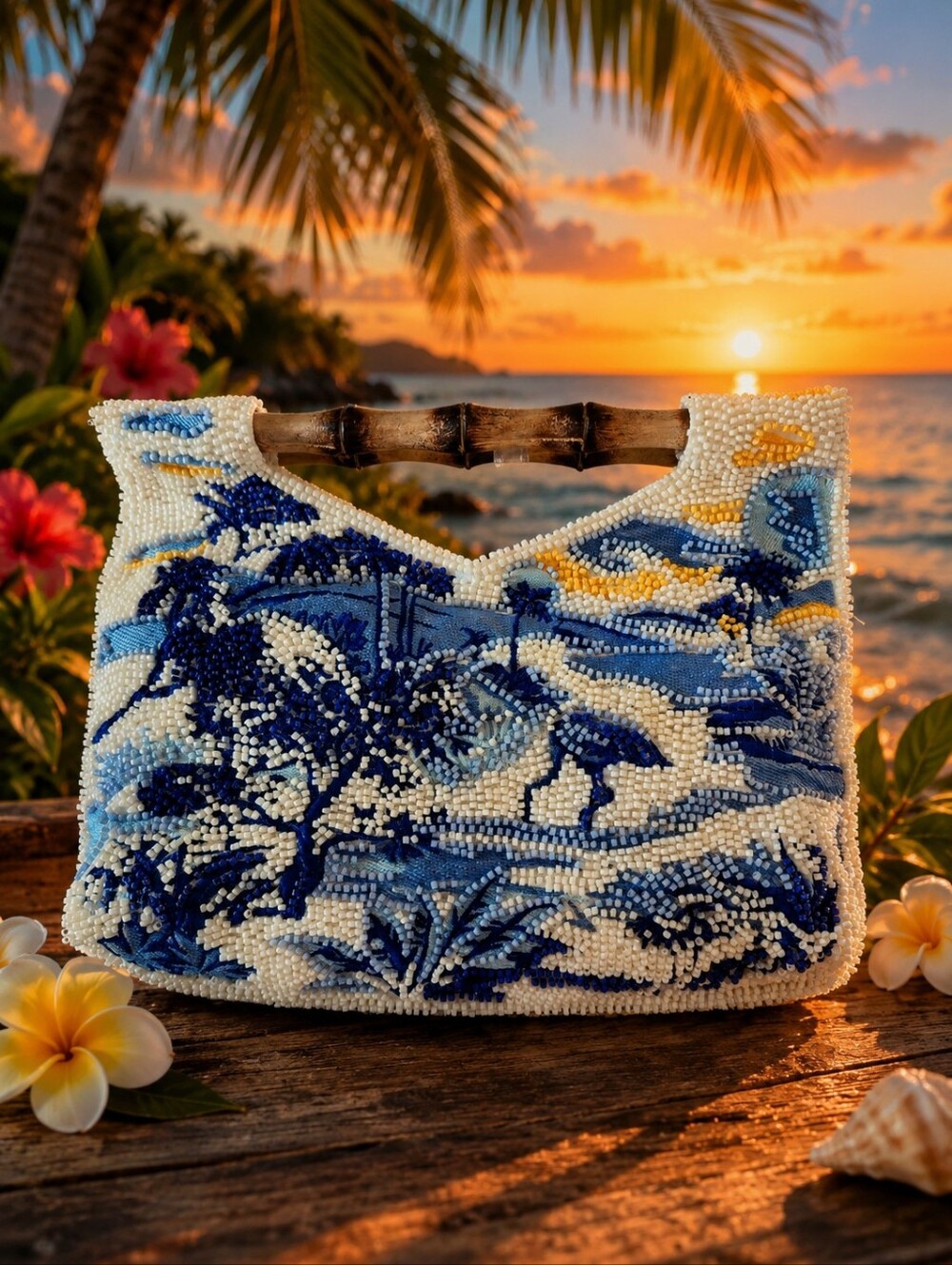 NWT Viral Rare Beaded Blue & White Tropical Embroidered Bamboo Handbag.
